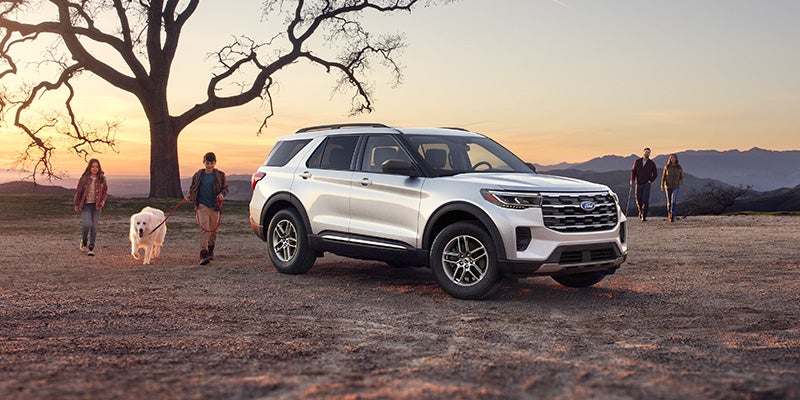 white 2025 Ford Explorer parked in the desert